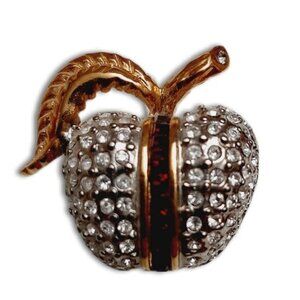 BUTLER Signed Vintage Clear Rhinestone Apple Brooch Sparkle Jewelry Goldtone Pin